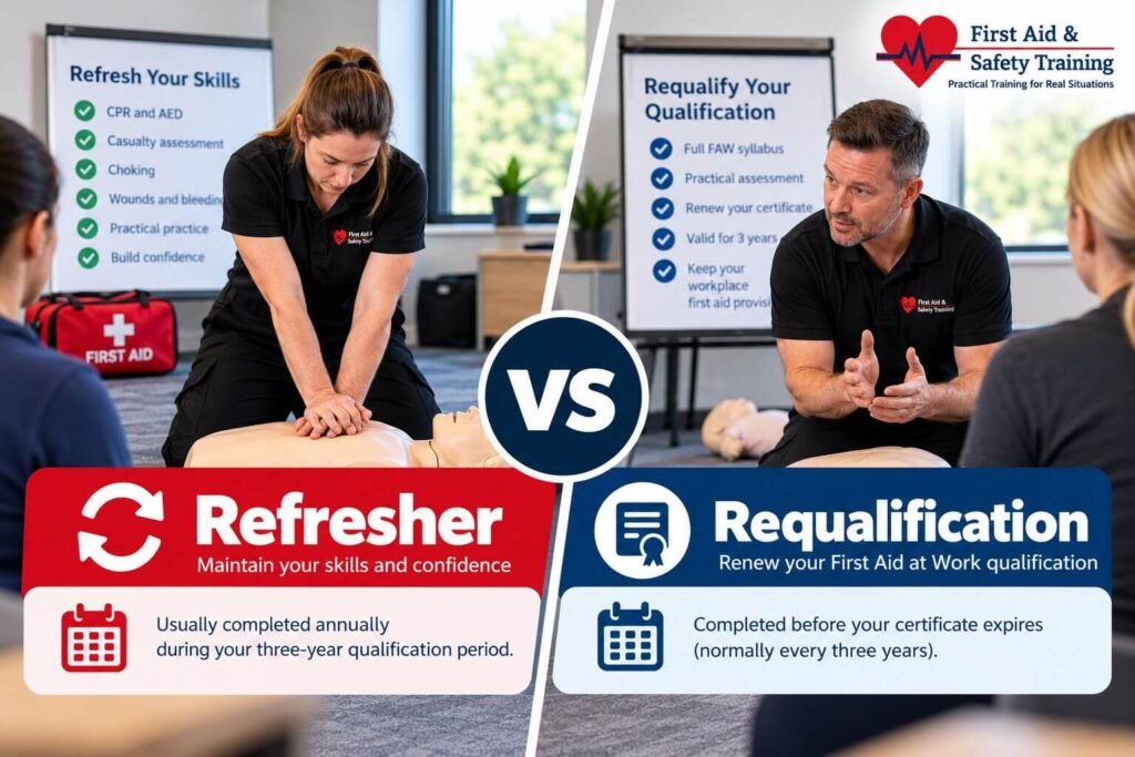 Split-screen comparison of first-aid training: left shows CPR practice with a trainer; right shows a qualification briefing with a trainer and attendees, plus a VS symbol and banners ‘Refresher’ vs ‘Regqualification’.