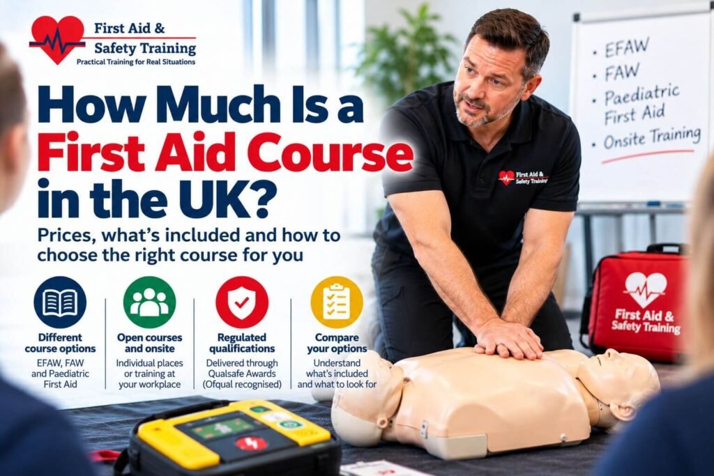 Instructor demonstrates CPR on a mannequin during a first aid training session, with the headline 'How Much Is a First Aid Course in the UK?' on a large display behind him.