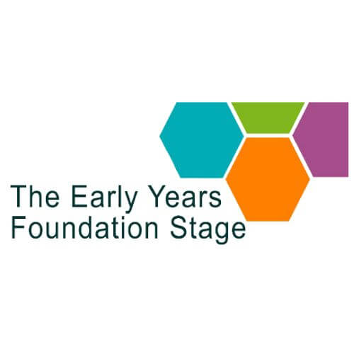 The Early Years Foundation Stage logo with four hexagons in teal, green, purple, and orange to the right of the text.