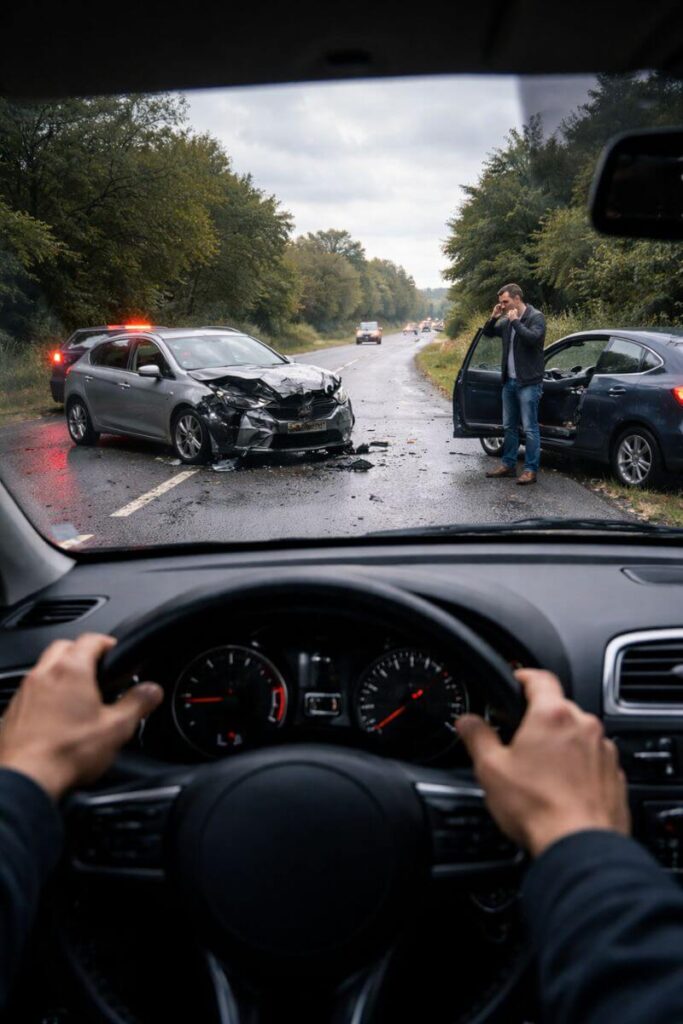 Driver's view of a two-car collision on a wet rural road: a damaged silver sedan in the left lane, debris scattered, cars stopped ahead; a man stands by an open blue car talking on his phone.