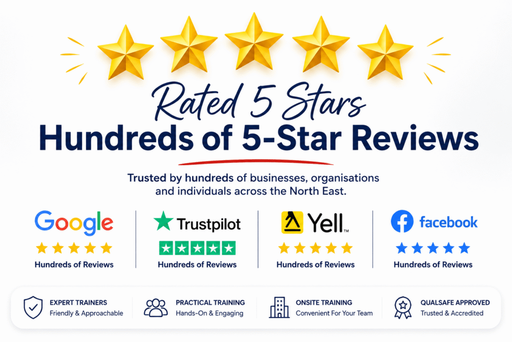 Big banner: “Rated 5 Stars” with five gold stars, bold “Hundreds of 5-Star Reviews” and logos (Google, Trustpilot, Yell, Facebook) with “Hundreds of Reviews.”
