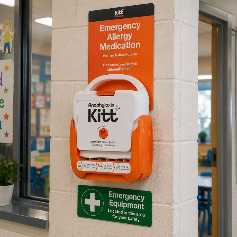 Wall-mounted Anaphylaxis Kitt auto-injector kit with an orange 'Emergency Allergy Medication' sign above and a green 'Emergency Equipment' plaque below.