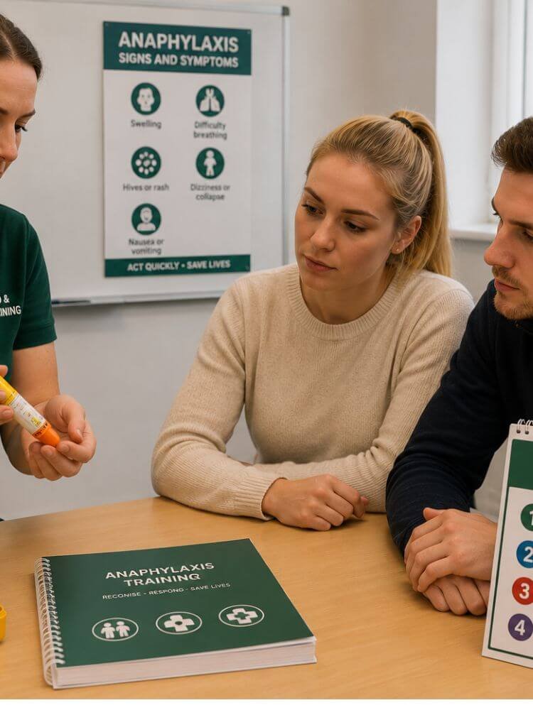 Group of adults in a training room watching a trainer who shows a medical injector; anaphylaxis signs poster on the wall and training booklets on the table.