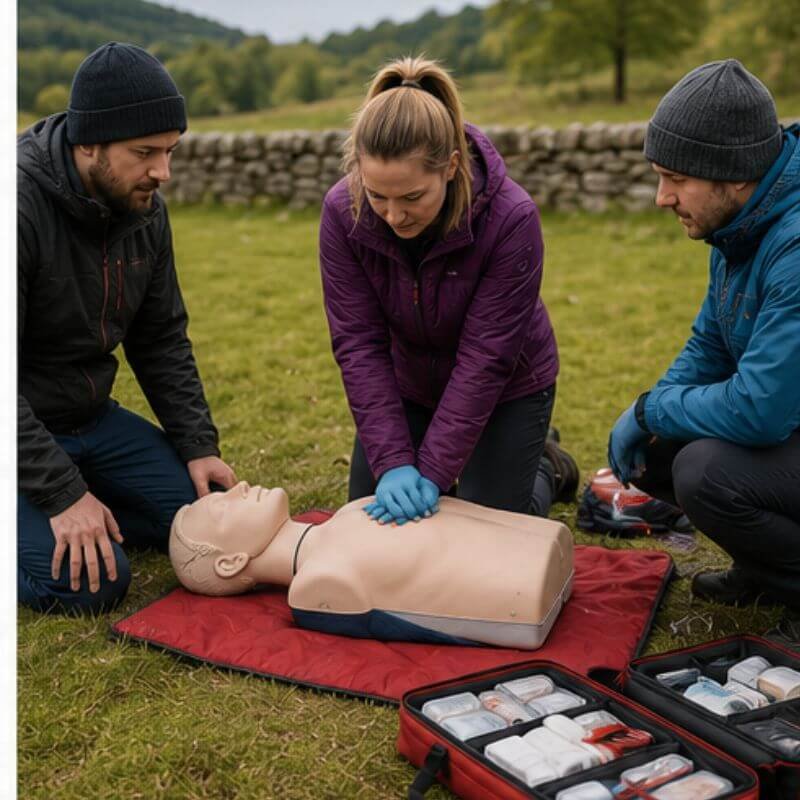 Three adults practice CPR on a mannequin in a grassy outdoor setting, with a first-aid kit nearby.