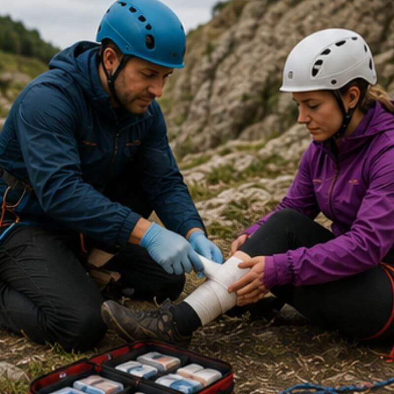 Two climbers wearing helmets tend to a teammate's ankle on a rocky trail, with a first aid kit open nearby.