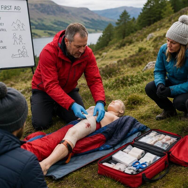 Outdoor first-aid training: instructor applies a bandage to a leg on a CPR manikin while a trainee watches, with a first-aid kit nearby.