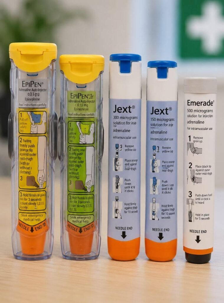 Row of epinephrine auto-injectors on a table: EpiPen with yellow caps, Jext devices with blue caps, and Emerade with orange tip, ready for use in an emergency.