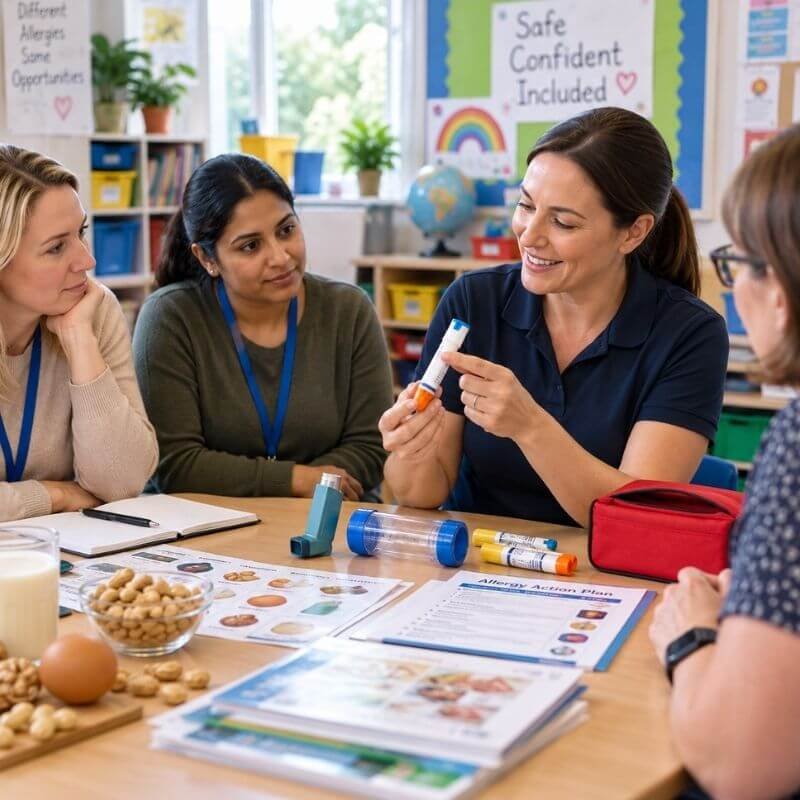 Instructor demonstrates a blue-and-white medical device to three women at a classroom table, with worksheets and snacks visible nearby.