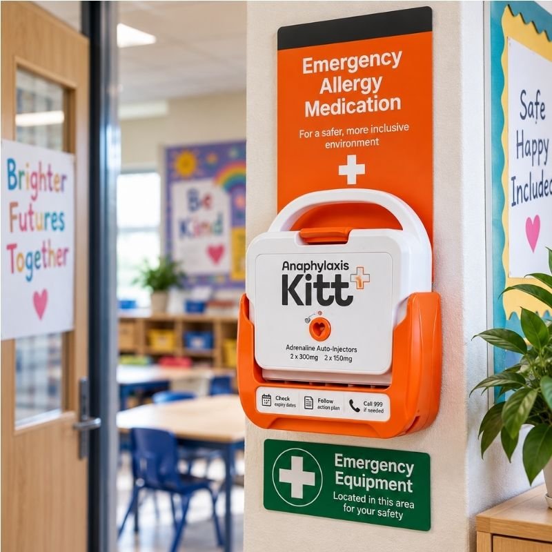 Wall-mounted emergency allergy medication kit (orange and white) labeled 'Kitt' under an 'Emergency Allergy Medication' sign in a classroom.