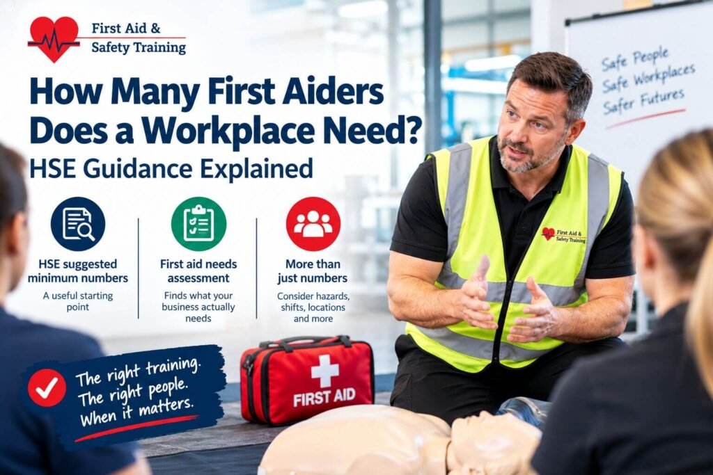 Trainer in a high-visibility vest explains workplace first-aid training to a group, with a banner reading 'How Many First Aiders Does a Workplace Need?'.